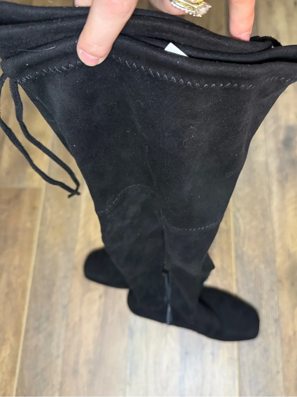 Black Suede Rhinestone Block Heel Over The Knee Boots Sz 7.5
